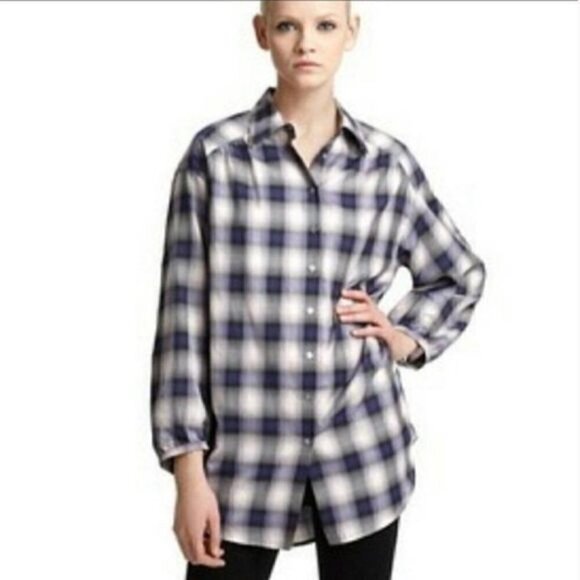 Vince Blue Plaid Button Down Tunic Shirt Sz XS - Picture 10 of 10